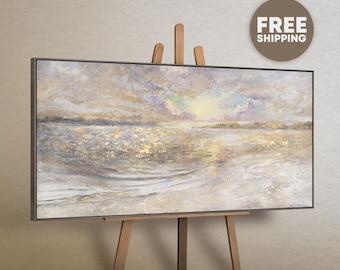 Pinturas de paisagens marinhas, pinturas acrílicas sobre tela com moldura, tela de arte abstrata mar e sol, fotos sala de estar iluminada