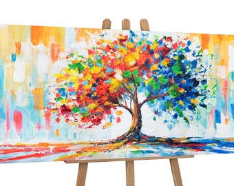 Modern painting vivid abstract tree 45x20 inch | Forest decor wall art for bedroom | Room decor aesthetic pink | Floral painting | Yoga art