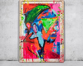 Gemlde handgemalt mit Rahmen Neon abstraktes Gemälde | Wanddeko wohnzimmer Buntes Pop-Art Gesicht | Abstrakte kunst Urbanes Loft Wandbild