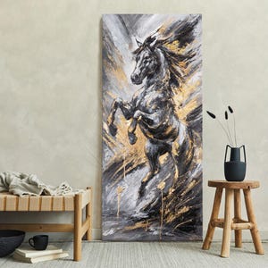 Dipinto a mano Cavallo originale | Pittura acrilica Arte strutturata Oro Nero | Carta da parati moderna per soggiorno | Regalo per gli uomini