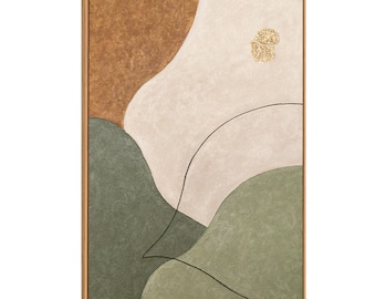 Hand-Painted Terracotta Green Abstract Landscape, Textured Japandi Canvas with Gold
