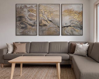 Original Beige Gold Abstract Wall Art Set of 3, Textured Hand-Painted Acrylic Canvas