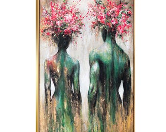 Gemälde Handgemalt Original auf Leinwand | Acrylbild Abstrakt Paar mit Blumen | Wanddeko Wohnzimmer Modern | Partner Geschenk