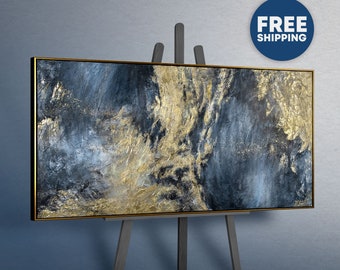 Painting on canvas original &quot;Mirrors II&quot; Large framed wall art Abstract blue contemporary painting Wall decor living room