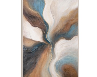 Abstract Painting Brown Beige Turquoise | Hand-painted Canvas Wall Art | Modern Gold Textured Artwork | Living Room Wall Decor | Gift Wife