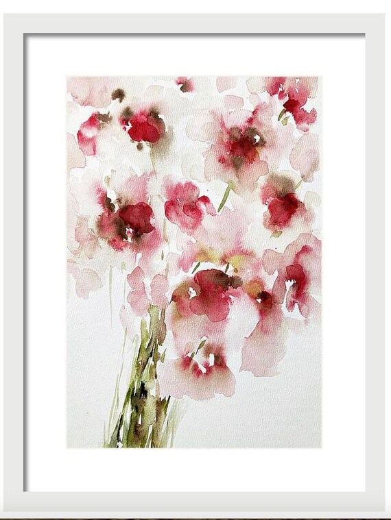 水彩画 アート 花の絵 オリジナルの抽象的な花の水彩画、11x15インチのピンクの花のアート