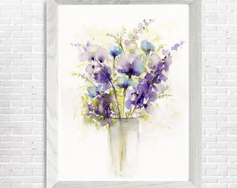 May include: Watercolor painting of a bouquet of purple and blue flowers in a clear vase. The flowers are arranged in a loose, natural style, and the background is a soft yellow.
