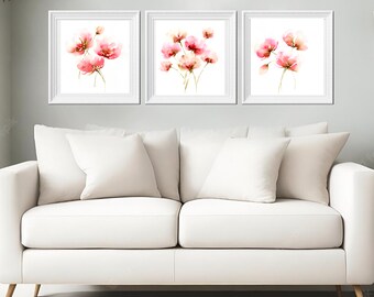 Pink Flowers Watercolor Painting Set, Abstract Floral Wall Art (12x12)