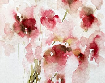オリジナルの抽象的な花の水彩画、11x15インチのピンクの花のアート