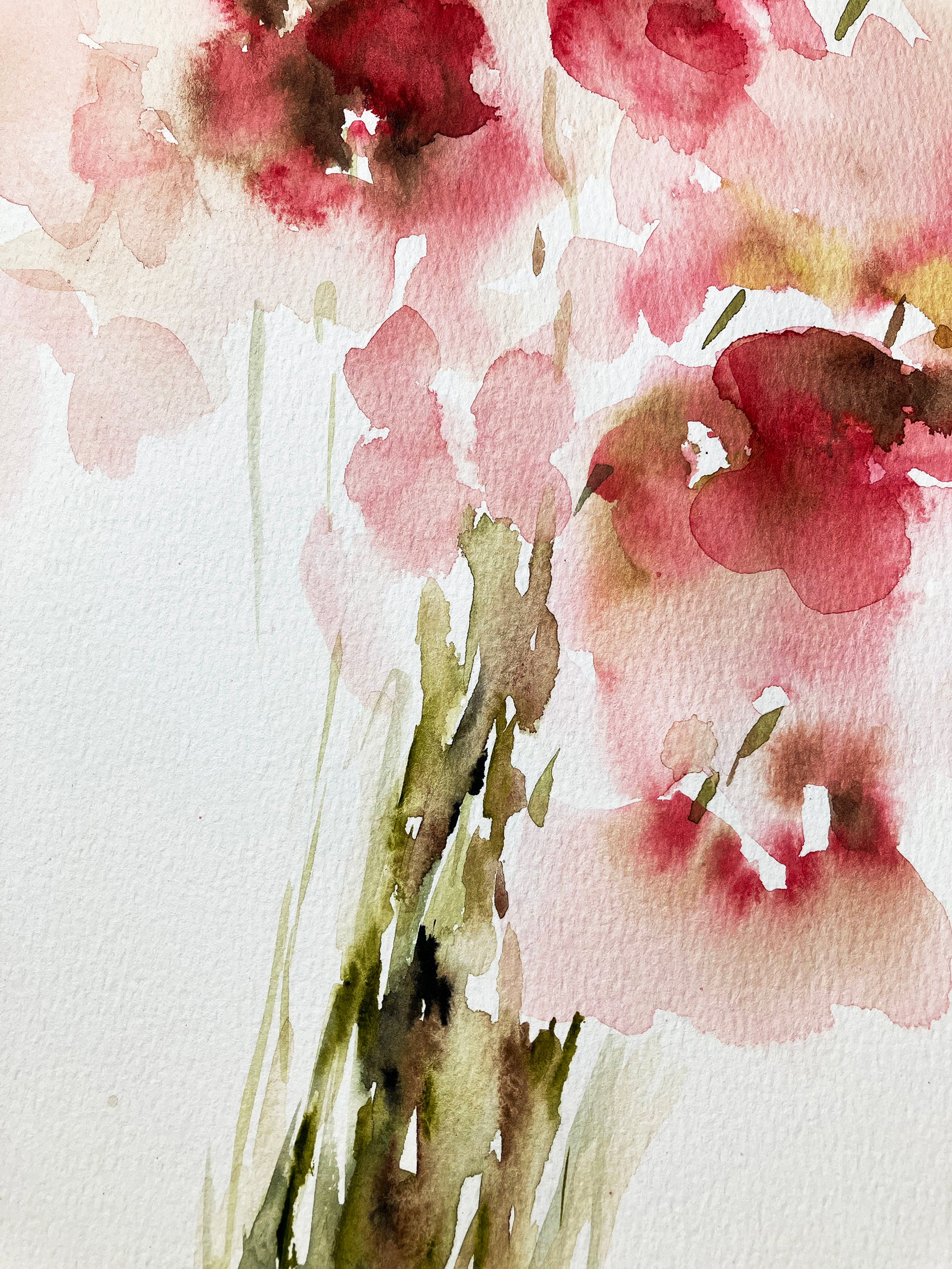 オリジナルの抽象的な花の水彩画、11x15インチのピンクの花のアート