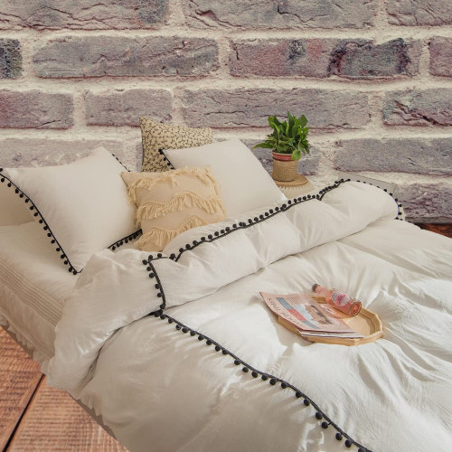 Duvet Cover White Bedding Solid Boho Duvet Cover Set Black Pom Etsy