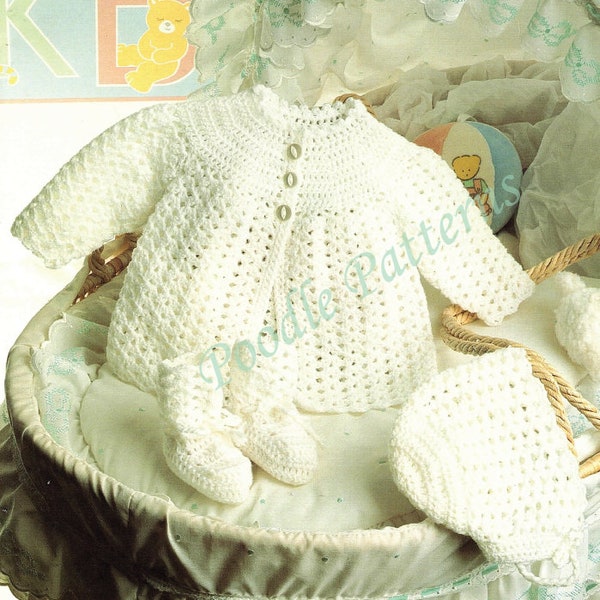 CROCHET PATTERN bébé minuscule prem matinée manteau cardigan veste chapeau chaussons 12-18" 4ply sport poids Aus 5ply joli ensemble chaussons poupées vêtements