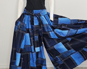 Blue Denim Patchwork Look Ankara Style Palazzo Wide Leg Pants and Headwrap Set - Top Blouse Sold Seperately