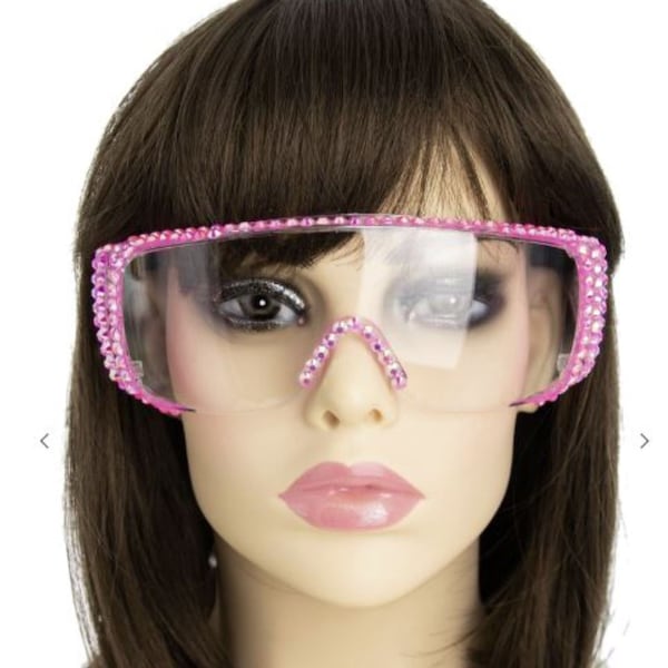 Bling Rhinestone Clear Embellished Protective Fashion Safety Eye Wear Goggles, Glasses and Pouch - Dark Pink