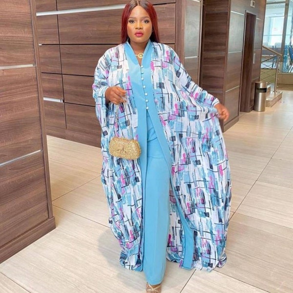 Fall African Kaftan Robe Duster Two Piece Pant Set Long Abaya + Pants Suits Dress