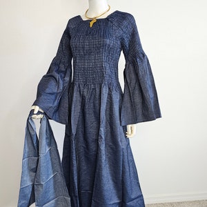 Long Smocked Maxi Dress  - Blue or Black Denim - One Size Fits M - 2XL Afrocentric Off or on the Shoulder