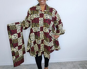 African Print Woman Long Tunic Hi Low Swing Maxi Shirt Dress /  Size Fits M - 3XL