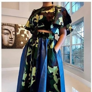 Ankara Style Camouflage Maxi Skirt with Sash / Crop Top
