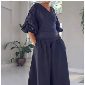 Palazzo Wide Leg Pants with Wrap Blouse Ruffle Sleeves 2 Piece Set