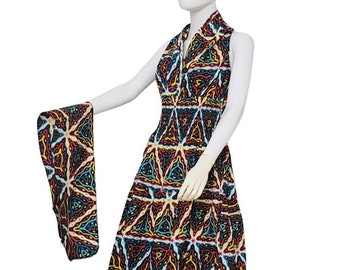 African Ankara Style Print Long Smocked Maxi Sundress with Head Scarf Afrocentric