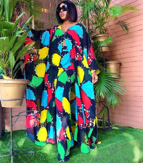 Chiffon Kimono Kaftan Two Piece Pant Set / Long Abaya Pants Suits