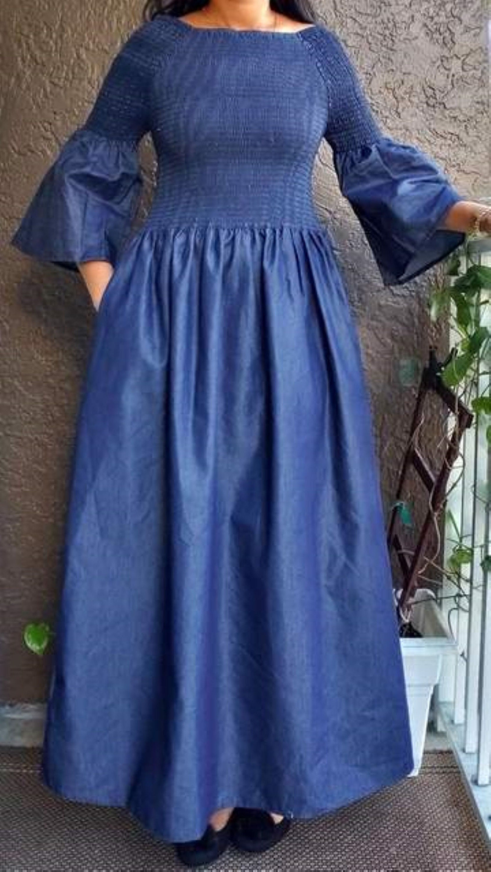 Long Smocked Maxi Dress Blue or Black Denim One Size Fits M 2XL -   Canada