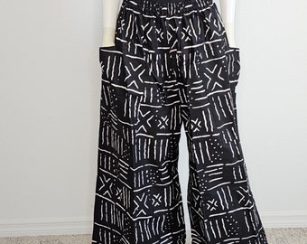 African Style Print Cotton Women Wide Leg Long Palazzo Pants with adjustable drawstrings