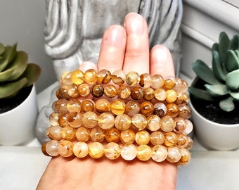 Golden Healer Bracelets, Golden Quartz Crystal Beads, Stackable Crystal Bracelets For Women, Natural Quartz Crystal Gemstone Bracelets