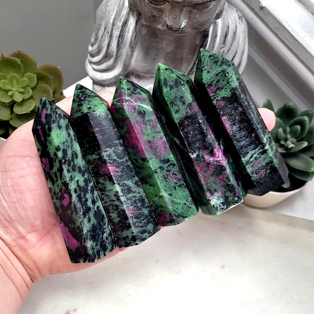 Ruby in Zoisite Points, Fluorescent Ruby in Green Stone, Crystal for ...