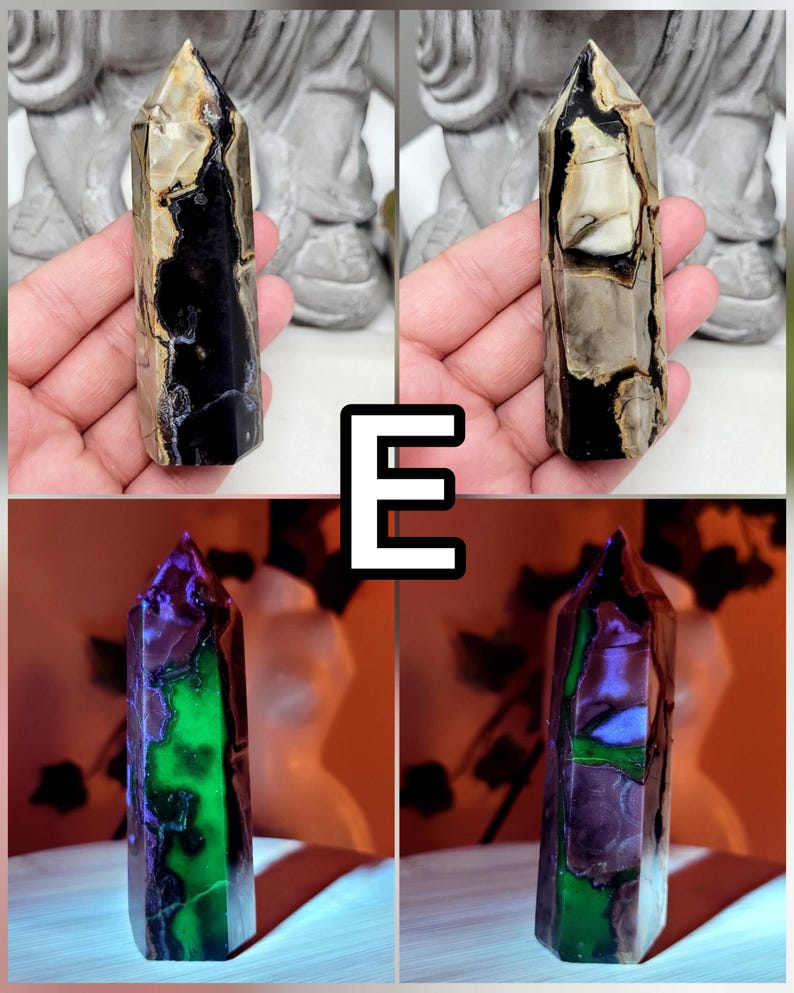 UV Volcano Agate Towers, Green Reactive Agate, Fluorescent Reaction Under UV Light, Crystal Agate Obelisk, Spiritual Stones For Decoration E 86g - 8.9cmx2.8cm