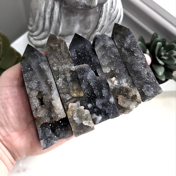 Black Sphalerite Towers, Druzy Black Chalcedony, Sparkly Black Crystal, Grounding Stone For Healing, Gift For Him, Statement Pieces