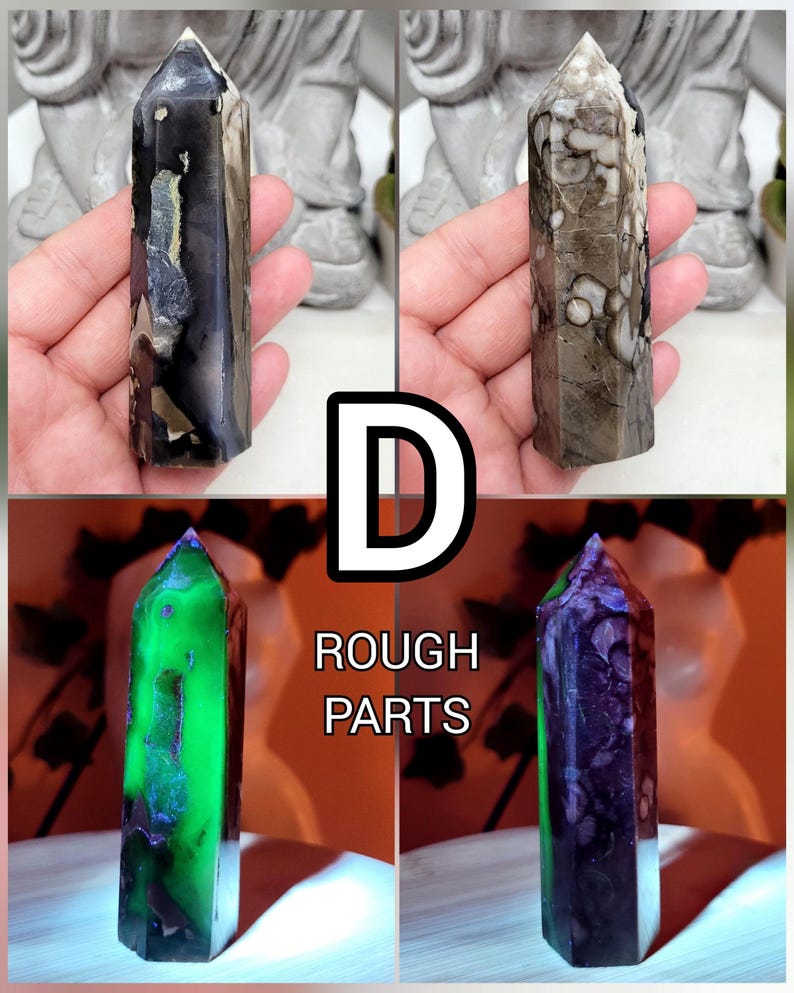 UV Volcano Agate Towers, Green Reactive Agate, Fluorescent Reaction Under UV Light, Crystal Agate Obelisk, Spiritual Stones For Decoration D 98g - 9.4cmx2.8cm