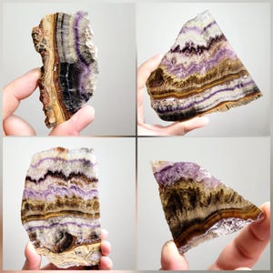 May include: Four images of raw fluorite crystal slabs. The slabs show a variety of colours, including purple, brown, white, and yellow, with banded patterns. The rough edges and natural formations of the fluorite are visible.
