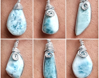 Natural Larimar Pendant, Wire-Wrapped Larimar Jewelry, Dominican Larimar Stones, Polished Blue Pectolite Crystals, Healing Crystals