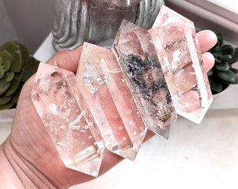 Clear Quartz Energy Wand, Clear Quartz With Inclusions, Moon And Star Design, Witchy Crystal Decoration, Double Terminated Points Quartz