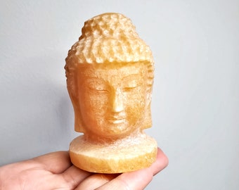 Crystal Buddha Head Sculpture - Healing Gemstone Figurine - Zen Meditation Decor - Spiritual Gift - Natural Crystal Carving - Yellow Calcite