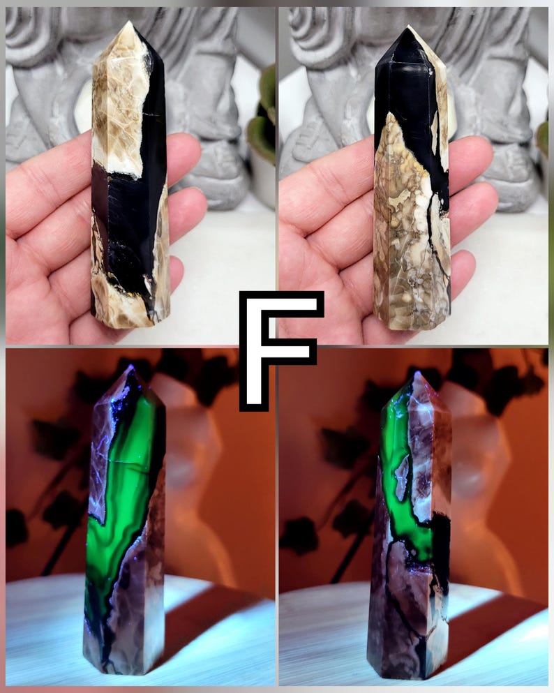 UV Volcano Agate Towers, Green Reactive Agate, Fluorescent Reaction Under UV Light, Crystal Agate Obelisk, Spiritual Stones For Decoration F 82g - 9.5cmx2.6cm