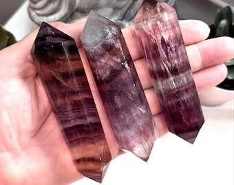 Candy Fluorite Double Points, Fluorite Double Terminated Towers, Banded Pink Fluorite, Crystal Wands, Crystal Collector Item, Witchy  Decor