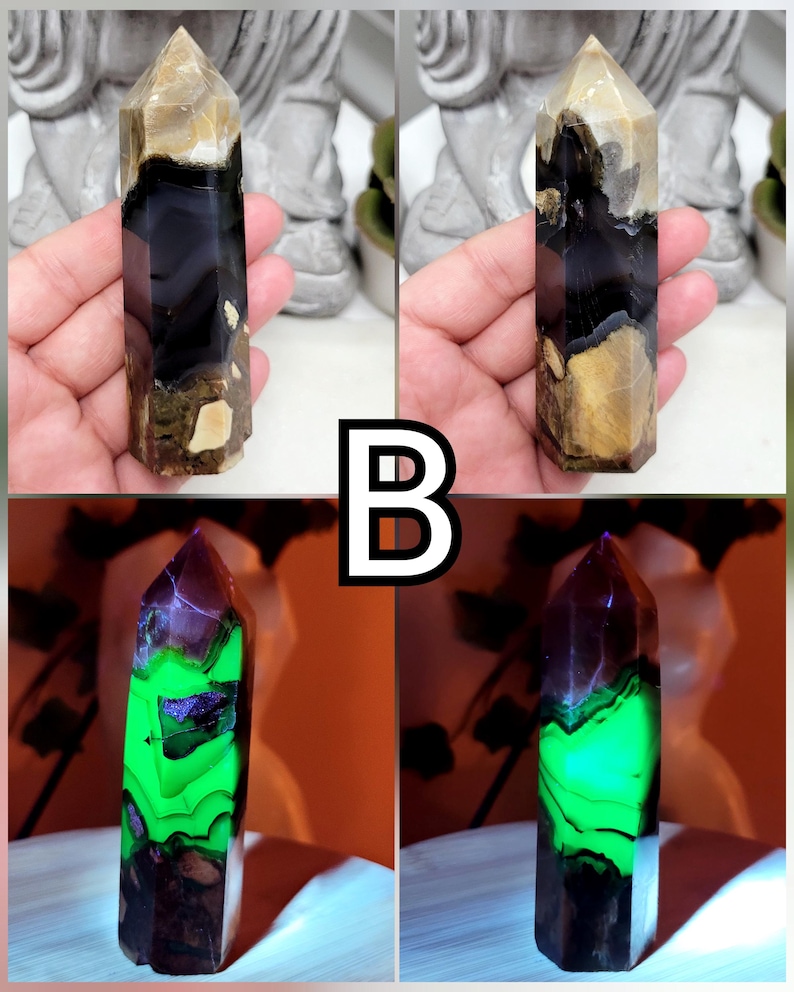 UV Volcano Agate Towers, Green Reactive Agate, Fluorescent Reaction Under UV Light, Crystal Agate Obelisk, Spiritual Stones For Decoration B 110g - 9.7cmx2.9cm