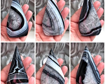 Banded Black Onyx Flames, DYED Agate With White Banding, Black Crystal Teardrop, Gothic Decoration, Emotional Healer Stone, 7 Chakra Crystal