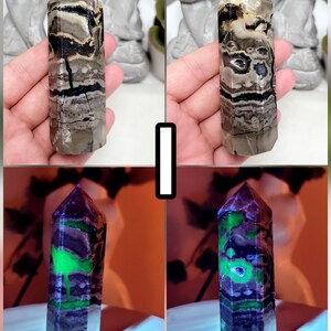 UV Volcano Agate Towers, Green Reactive Agate, Fluorescent Reaction Under UV Light, Crystal Agate Obelisk, Spiritual Stones For Decoration I 111g - 9cmx3cm