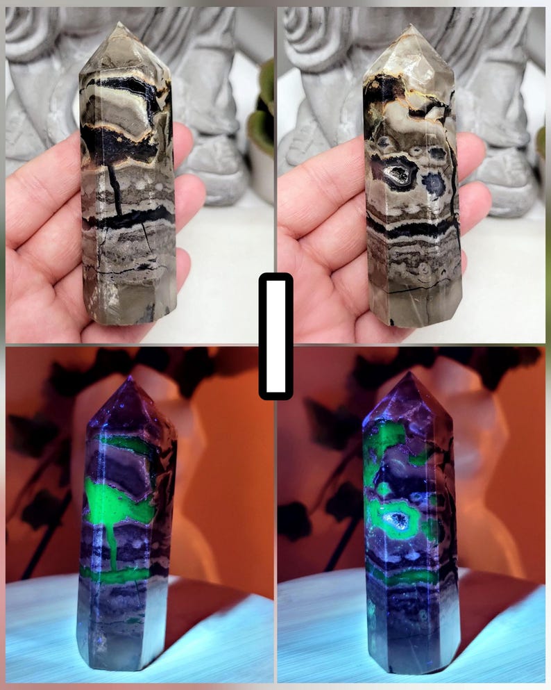 UV Volcano Agate Towers, Green Reactive Agate, Fluorescent Reaction Under UV Light, Crystal Agate Obelisk, Spiritual Stones For Decoration I 111g - 9cmx3cm
