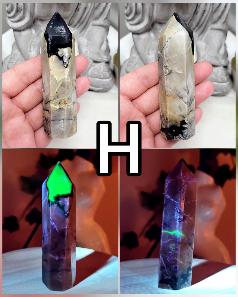 UV Volcano Agate Towers, Green Reactive Agate, Fluorescent Reaction Under UV Light, Crystal Agate Obelisk, Spiritual Stones For Decoration H 87g - 9.5cmx2.5cm