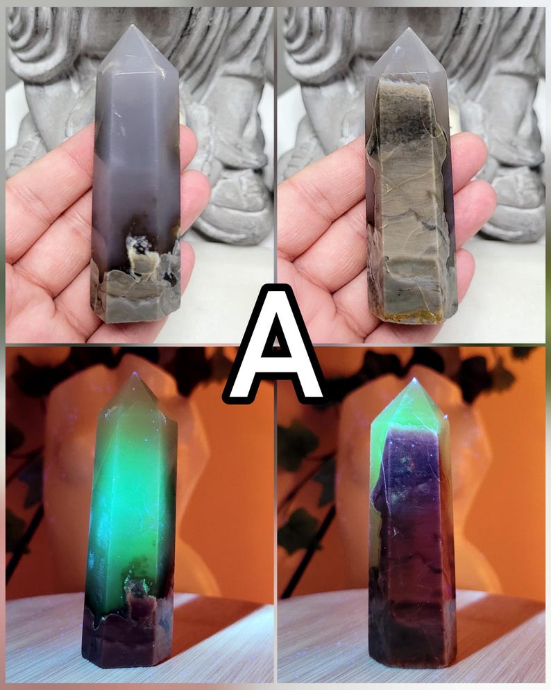 UV Volcano Agate Towers, Green Reactive Agate, Fluorescent Reaction Under UV Light, Crystal Agate Obelisk, Spiritual Stones For Decoration A 75g - 8.3cmx2.6cm