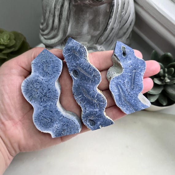 Blue Fossil Coral Towers, Natural Heliopora Coerulea, Flat Coral Obelisk, Half Rough Half Polished Stone Tower, Collector's Standing Slabs