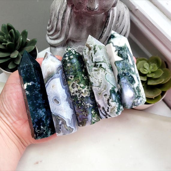 Moss Agate Tower with Druzy, Polished Green Crystal Point, Natural Agate Decor, Unique Mineral Specimen, Green Moss Stone
