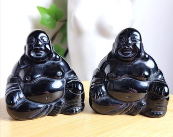 Black Obsidian Sitting Buddha Figurine, Crystal Carving for Peace & Protection, Hand- Carved Happy Buddha Figurine, Bad Energy Repellant