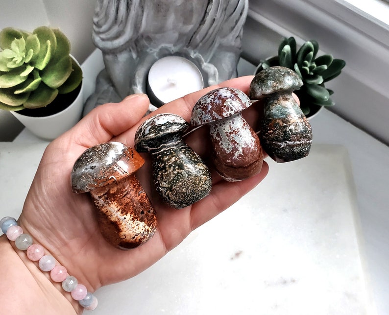 Ocean Jasper Mushroom Carvings, Bubble Ocean Jasper Crystals, Crystal Mushroom Carvings, Crystal Room Decor, Ethically Sourced image 1