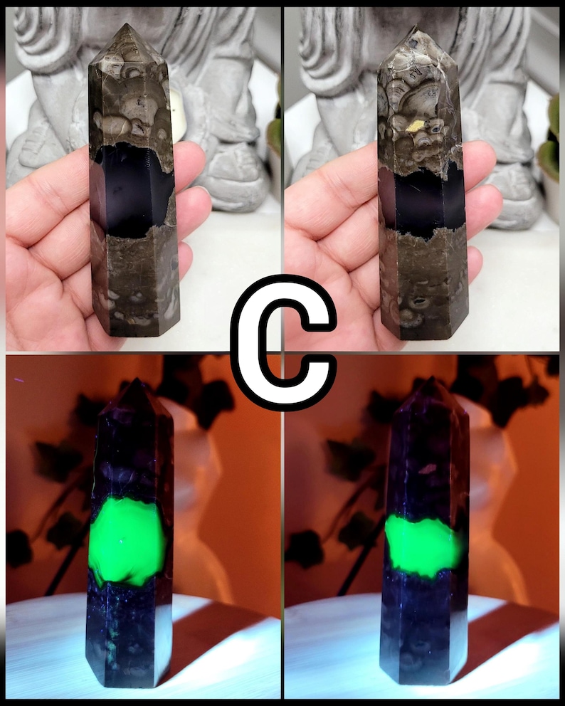 UV Volcano Agate Towers, Green Reactive Agate, Fluorescent Reaction Under UV Light, Crystal Agate Obelisk, Spiritual Stones For Decoration C 107g - 10cmx3cm