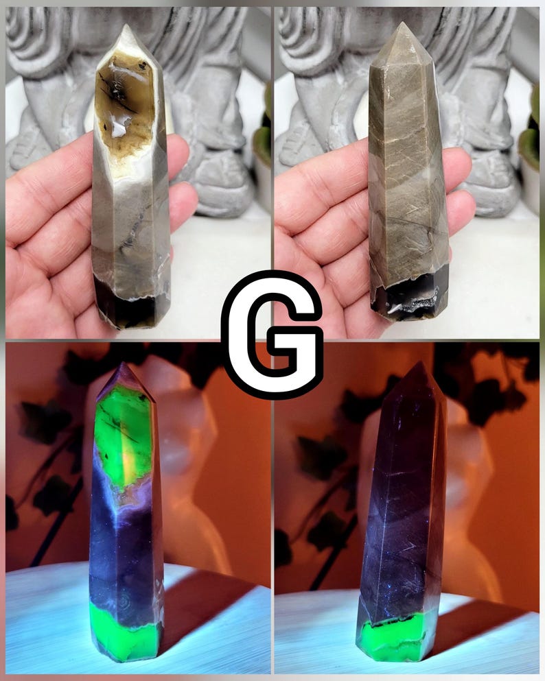 UV Volcano Agate Towers, Green Reactive Agate, Fluorescent Reaction Under UV Light, Crystal Agate Obelisk, Spiritual Stones For Decoration G 96g - 9.5cmx2.8cm